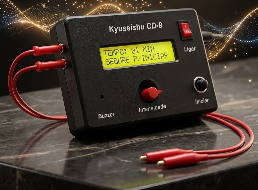 Kyuseishu CD-09 — eletroestimulador com display, controle de intensidade e cabos com garras para eletrodos